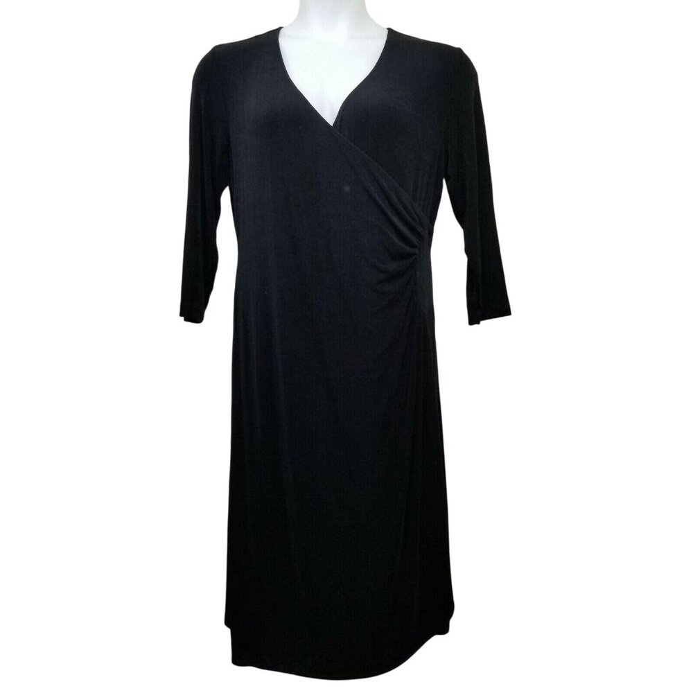 Chicos Travelers 2 Dress Black Stretch Knit USA Faux Wrap LBD Comfy Ruching L 12